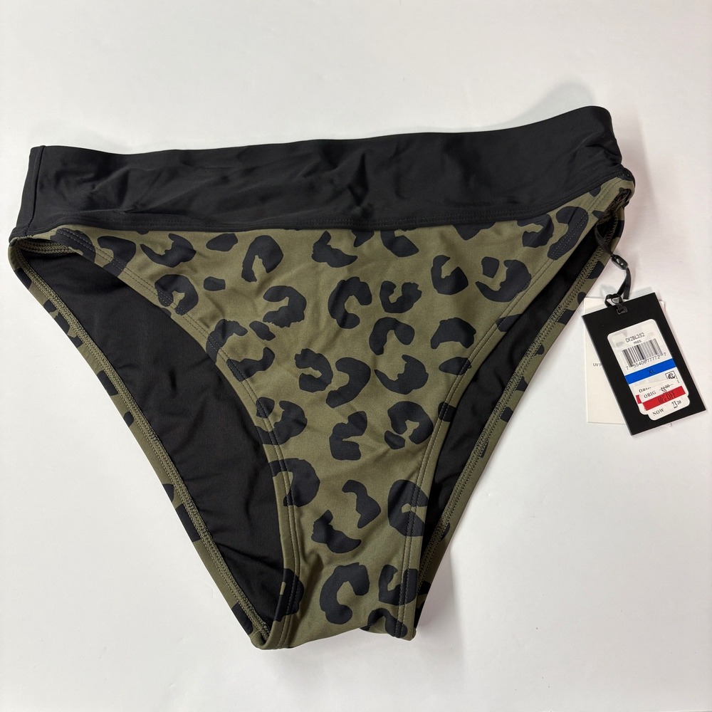 NWT DKNY Women Swimsuit Bottom XL Green Leopard Print High Waist Bikini DI2BL352
